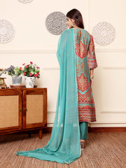 Women Turquish Ethnic Printed  Zari & Gota Lace Detailed Kurta With Solid Trouser & Dupatta