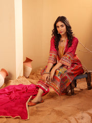 Women Fuschia Pink Ethnic Printed Straight Kurta With Embroidered Trouser