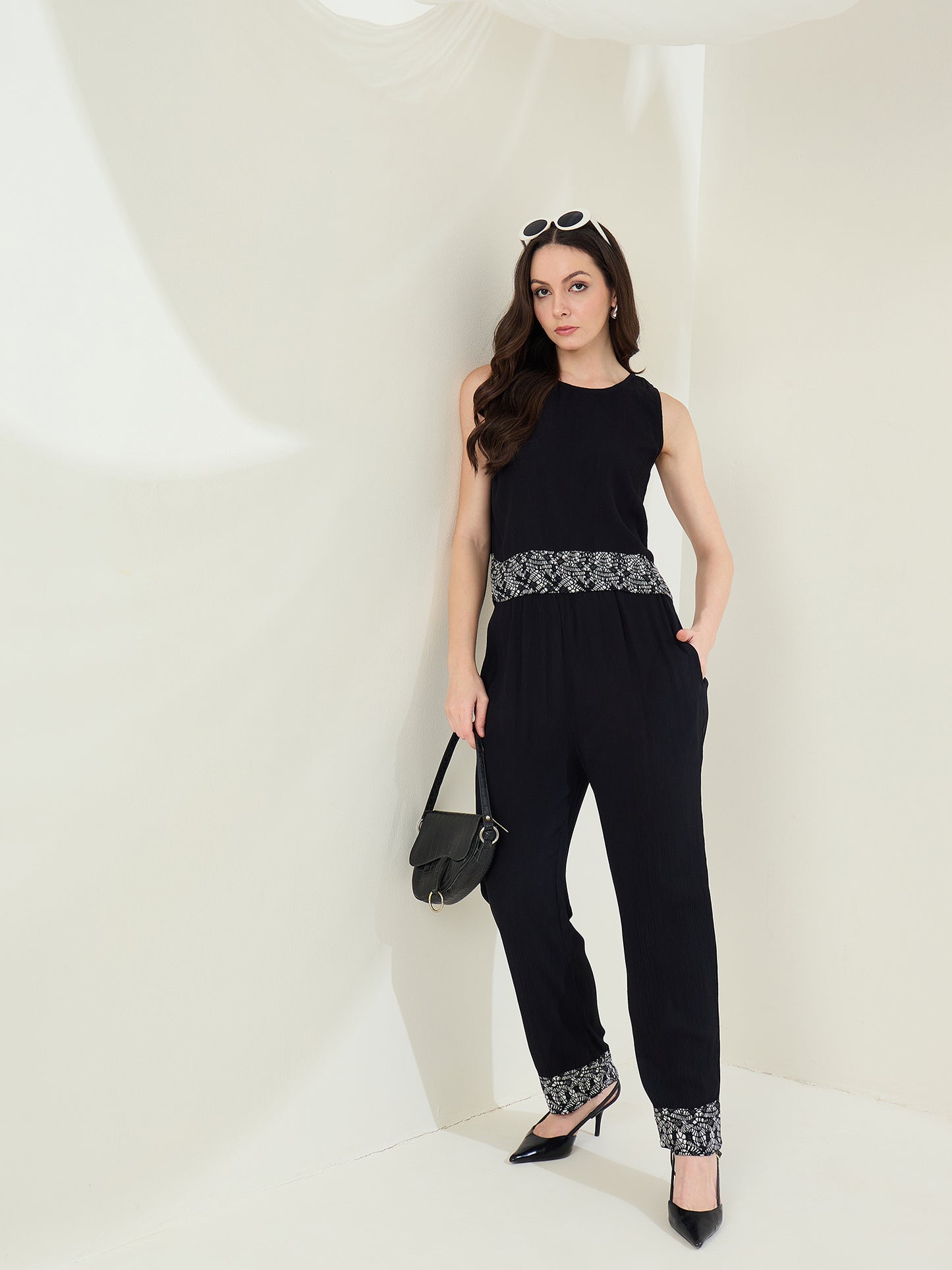 Women's Black Rayon Crepe Co-Ord Set with printed hemlines
