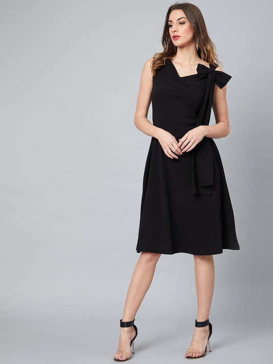 Black Front Pleated Fit and Flare Dress