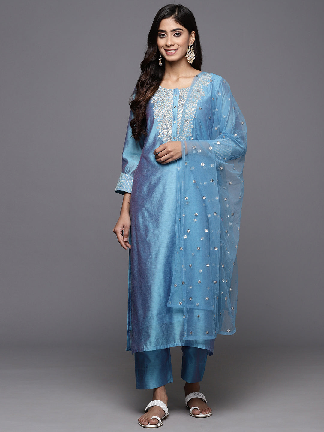Women Blue Floral Embroidered Regular Chanderi Silk Kurta with Trousers & With Dupatta