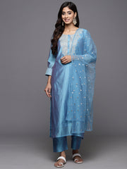 Women Blue Floral Embroidered Regular Chanderi Silk Kurta with Trousers & With Dupatta