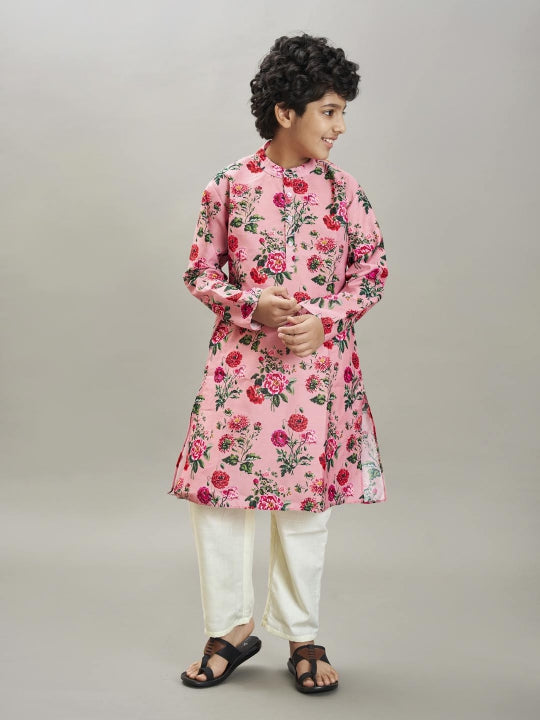 Bittu By Bhama - Boys Peach floral printed  kurta with a off  white pajama