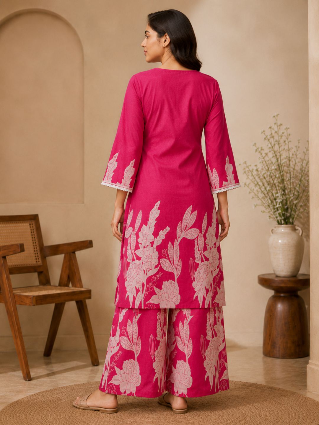 Pink Printed Cotton Straight Kurta Set