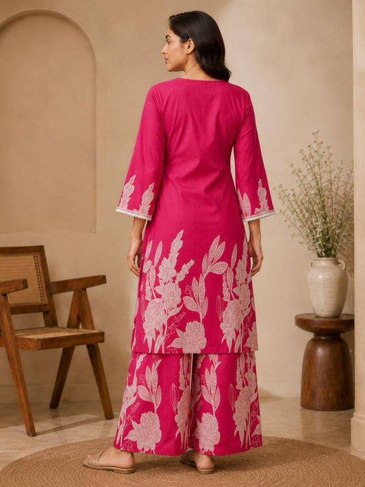 Pink Printed Cotton Straight Kurta Set