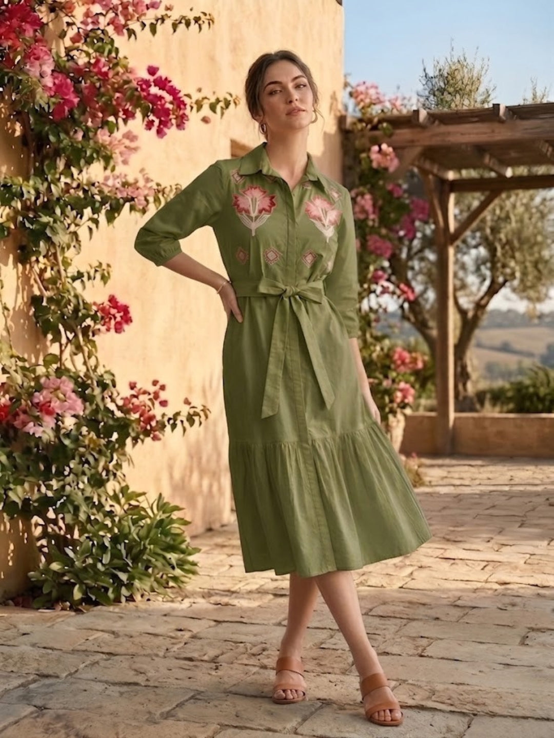 Olive Embroidered Cotton Shirt Dress-ADR-22016