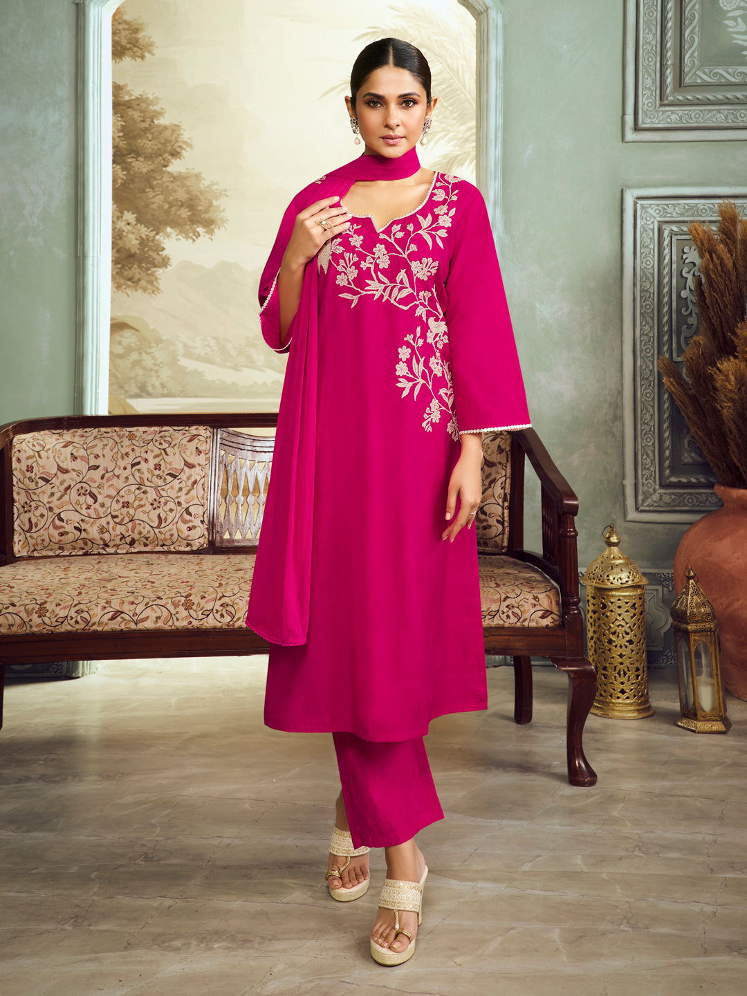 Pink Embroidered Straight Kurta Set With Dupatta.