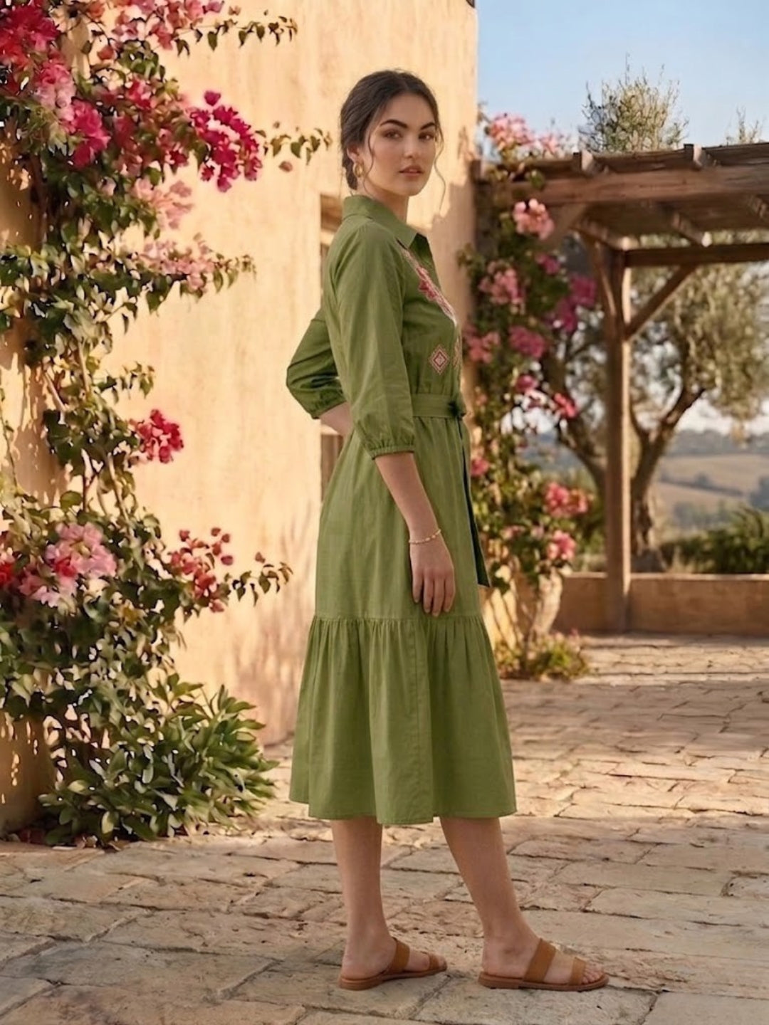 Olive Embroidered Cotton Shirt Dress-ADR-22016