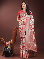 Elegant Pink & Cream Linen Saree with Geometric Design and Zari Border – Festive & Party Wear
