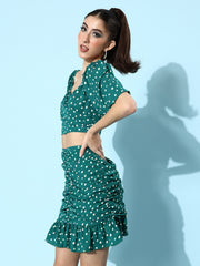 Women's Pleated Green Polka Top & Skirt Co-Ord Set