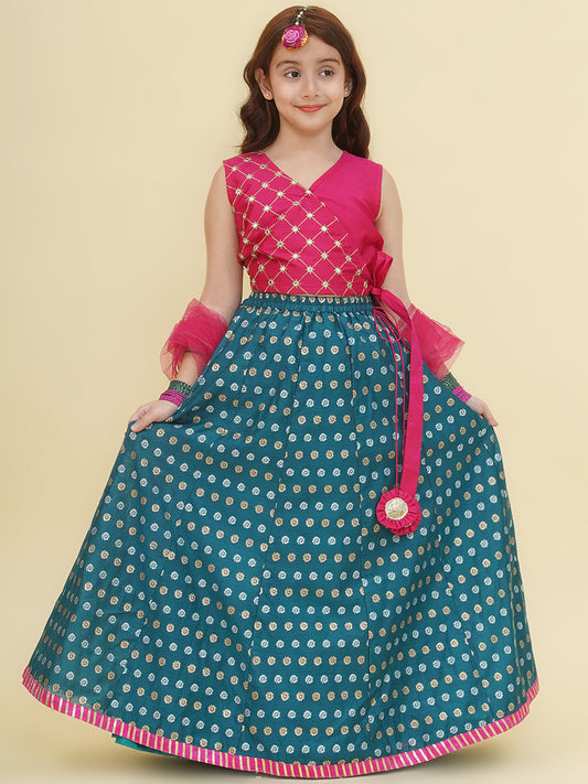 Girls Pink Embroidered Choli Turquoise Blue Woven Design Ready to Wear Lehenga With Dupatta