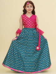Girls Pink Embroidered Choli Turquoise Blue Woven Design Ready to Wear Lehenga With Dupatta