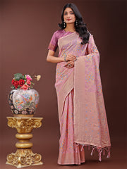 Elegant Orange Linen Cotton Saree with Floral Weave & Soft Gold Pallu – Graceful Choice for Casual, Office & Festive Looks