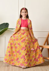 Girls Mustard Yellow Floral Printed Lehenga Choli Set with Stylish Jacket