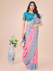 Premium Pink & Sky Blue Floral Woven Lichi Silk Saree with Rich Pallu & Tassels – Festive & Party Wear for Women