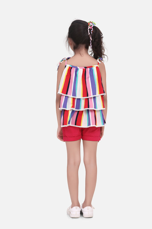 Girls Rainbow Striped Top with Pink Shorts Set