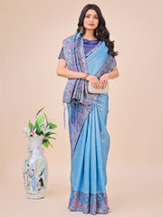 Premium Pink & Sky Blue Floral Woven Lichi Silk Saree with Rich Pallu & Tassels – Festive & Party Wear for Women