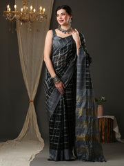 Women's Aura Silk Black WovenDesign DesignerSaree With Blouse Piece