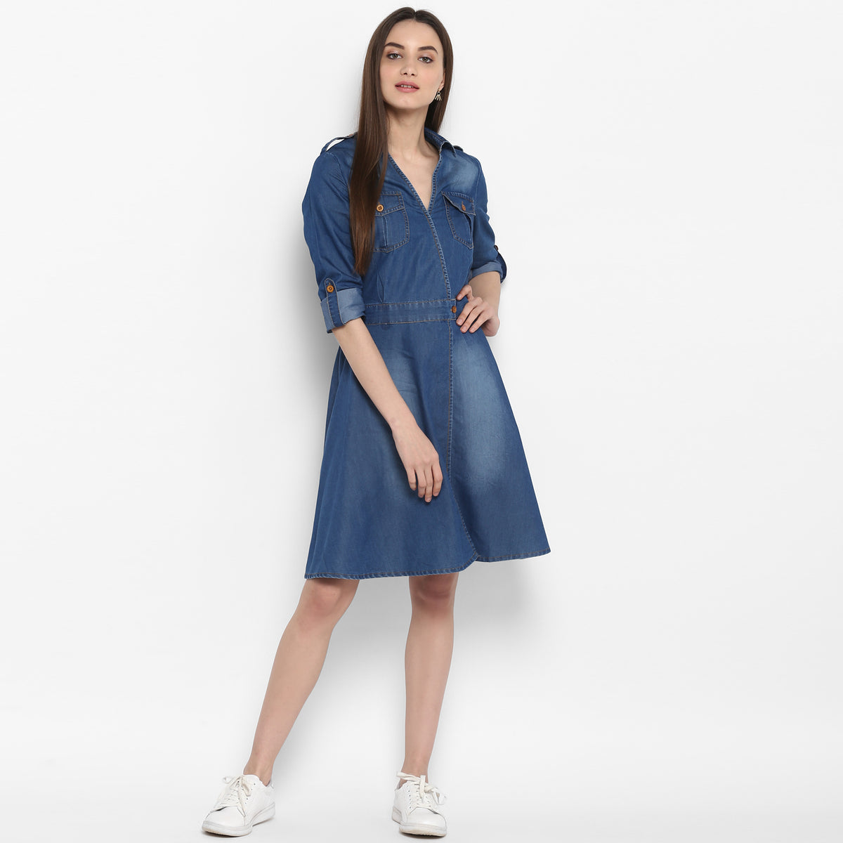Women's Denim Knee Length Dress with Buttons