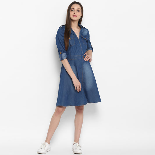 Women's Denim Knee Length Dress with Buttons