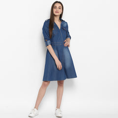 Women's Denim Knee Length Dress with Buttons