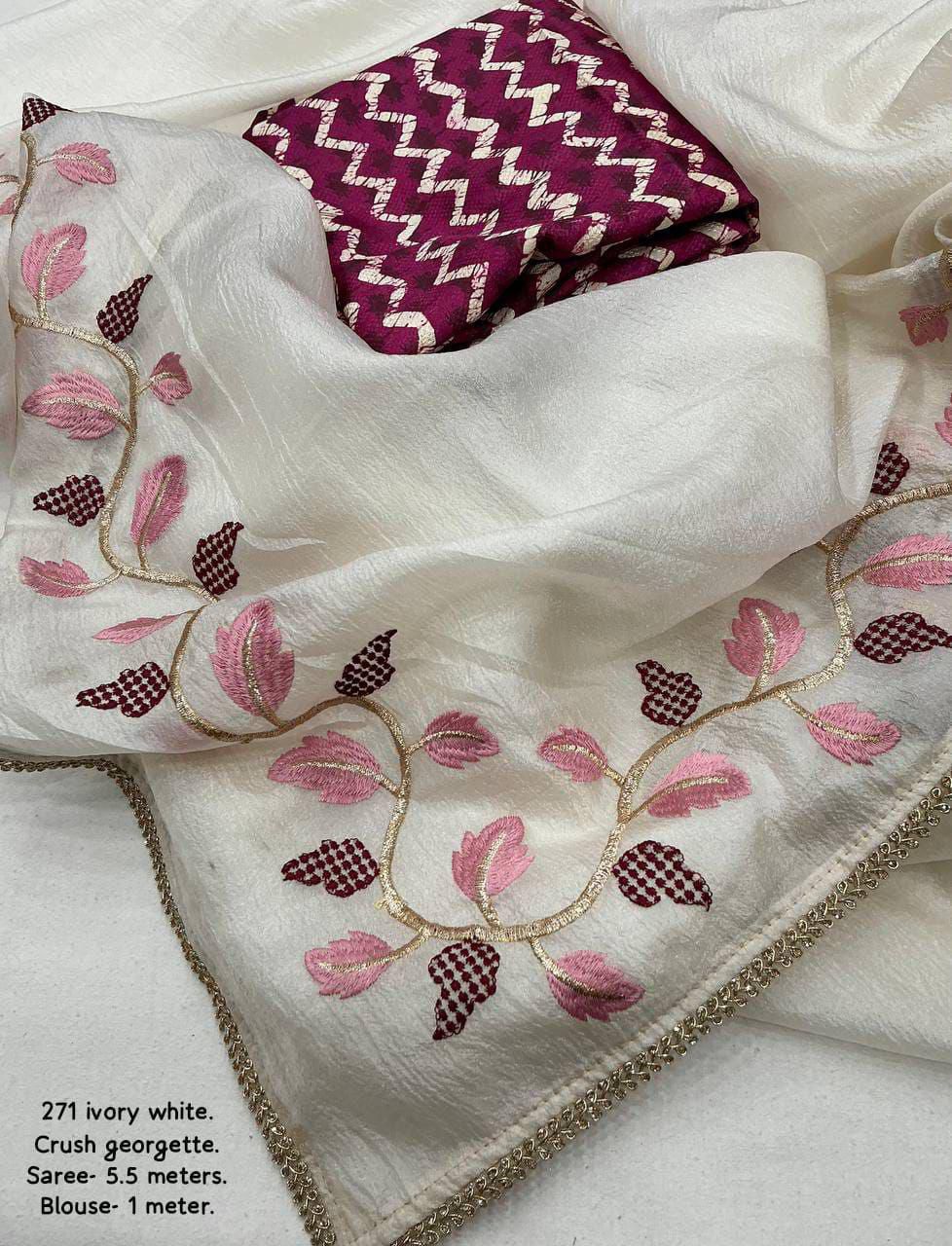 soft crush georgette saree with leaf design emboridary c-pallu with patched lace border