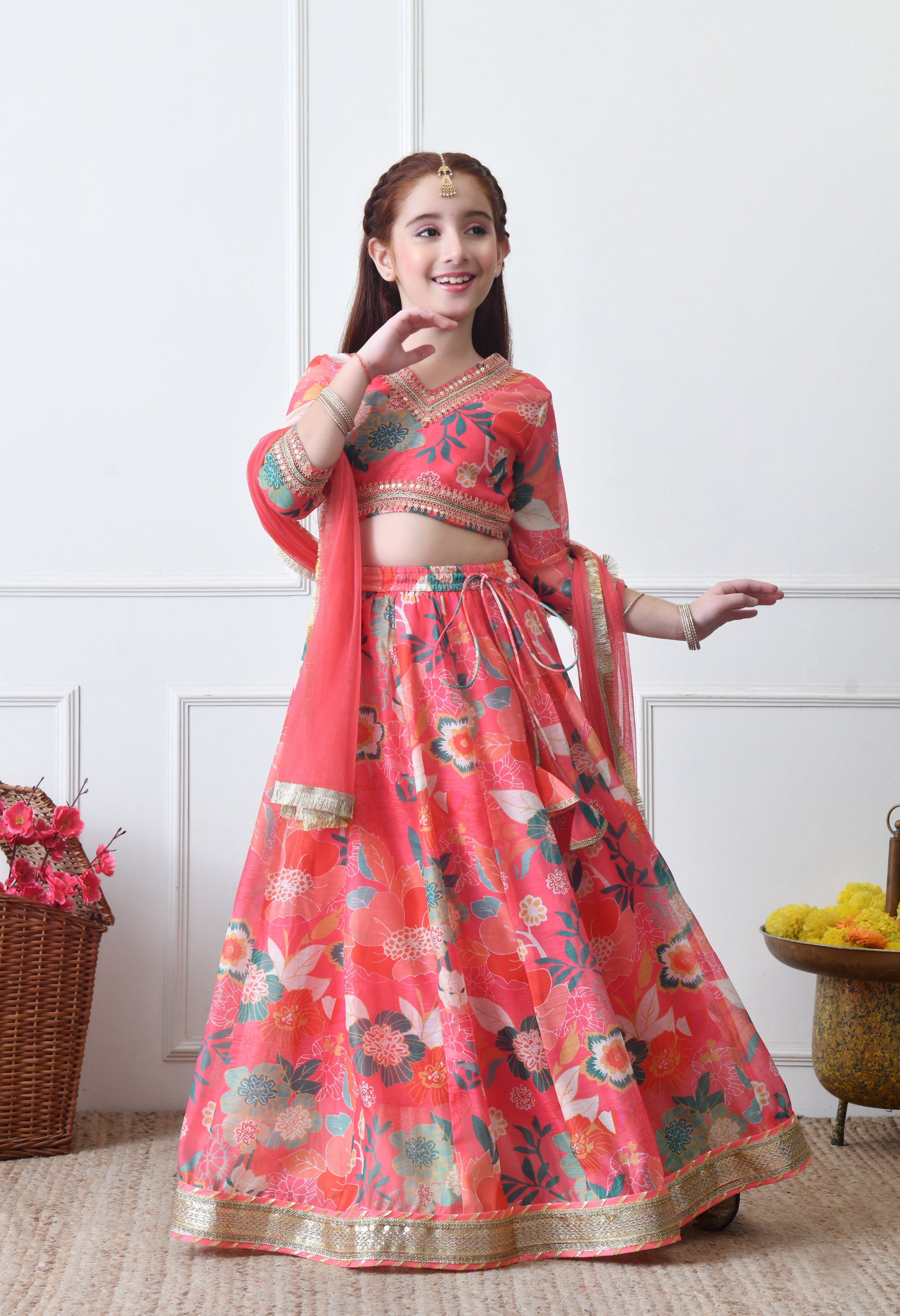 Girls Coral Floral Printed Lehenga Choli Set with Net Dupatta