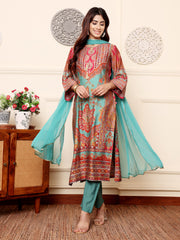 Women Turquish Ethnic Printed  Zari & Gota Lace Detailed Kurta With Solid Trouser & Dupatta