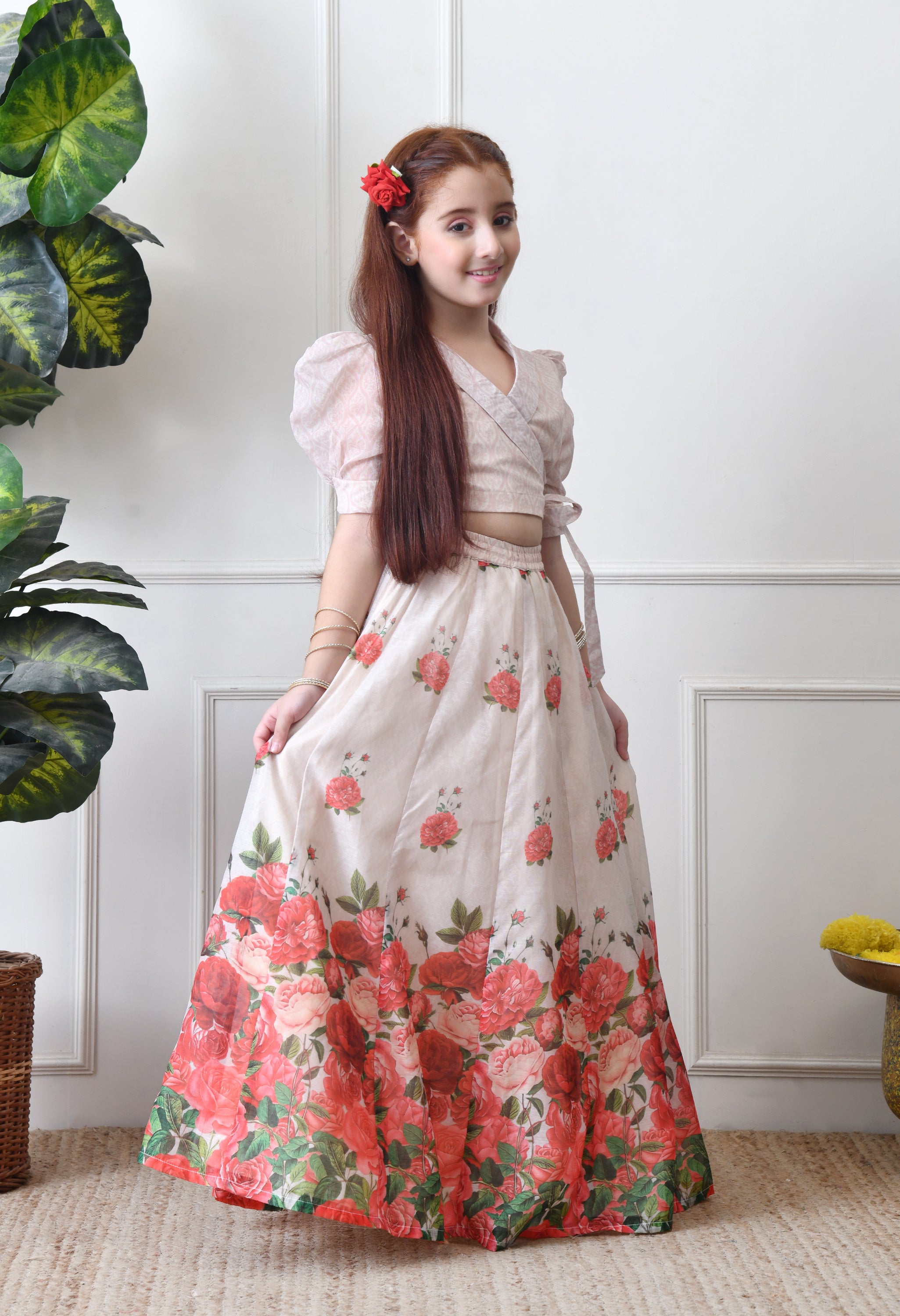 Girls Floral Printed Lehenga Choli Set Cream Wrap Top with Rose Print Skirt