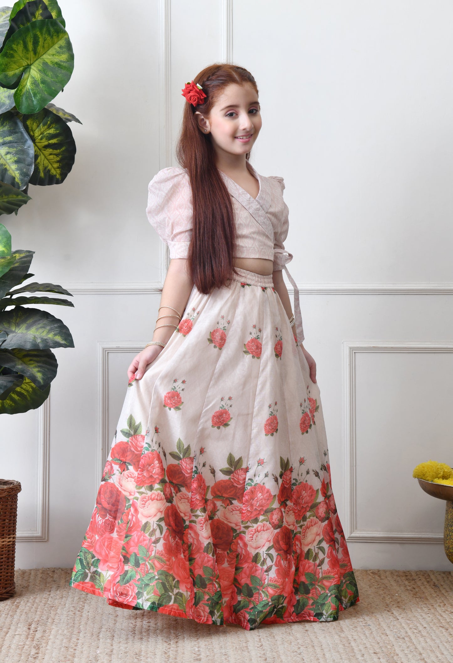 Girls Floral Printed Lehenga Choli Set Cream Wrap Top with Rose Print Skirt