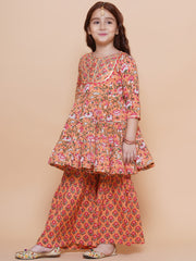 cotton Woven Three-Quarter Sleeves Floral Print Flared Kurta And Sharara Set - Peach