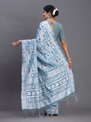 Sky Blue Linen Cotton Saree with Multicolor Elephant & Temple Motifs – Traditional Woven Pallu & Tassels
