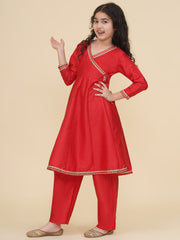 Solid Three-Fourth Sleeves Above Knee Length Silk Kurta With Trousers - Red