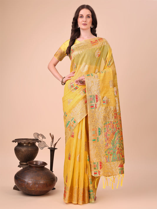 Yellow Linen Saree with Multicolor Weaving & Zari Pallu – Elegant & Lightweight for Everyday Grace