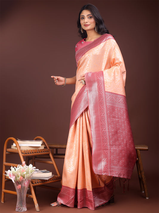 Graceful Orange & Maroon Banarasi Silk Saree with Rich Zari Woven Border – Traditional Elegance for Celebrations