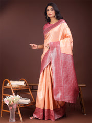 Graceful Orange & Maroon Banarasi Silk Saree with Rich Zari Woven Border – Traditional Elegance for Celebrations