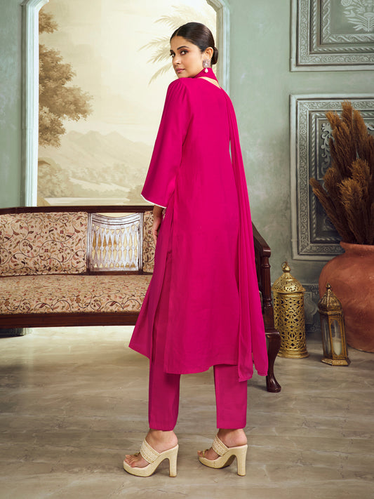 Pink Embroidered Straight Kurta Set With Dupatta.