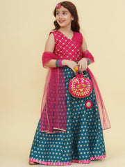 Girls Pink Embroidered Choli Turquoise Blue Woven Design Ready to Wear Lehenga With Dupatta