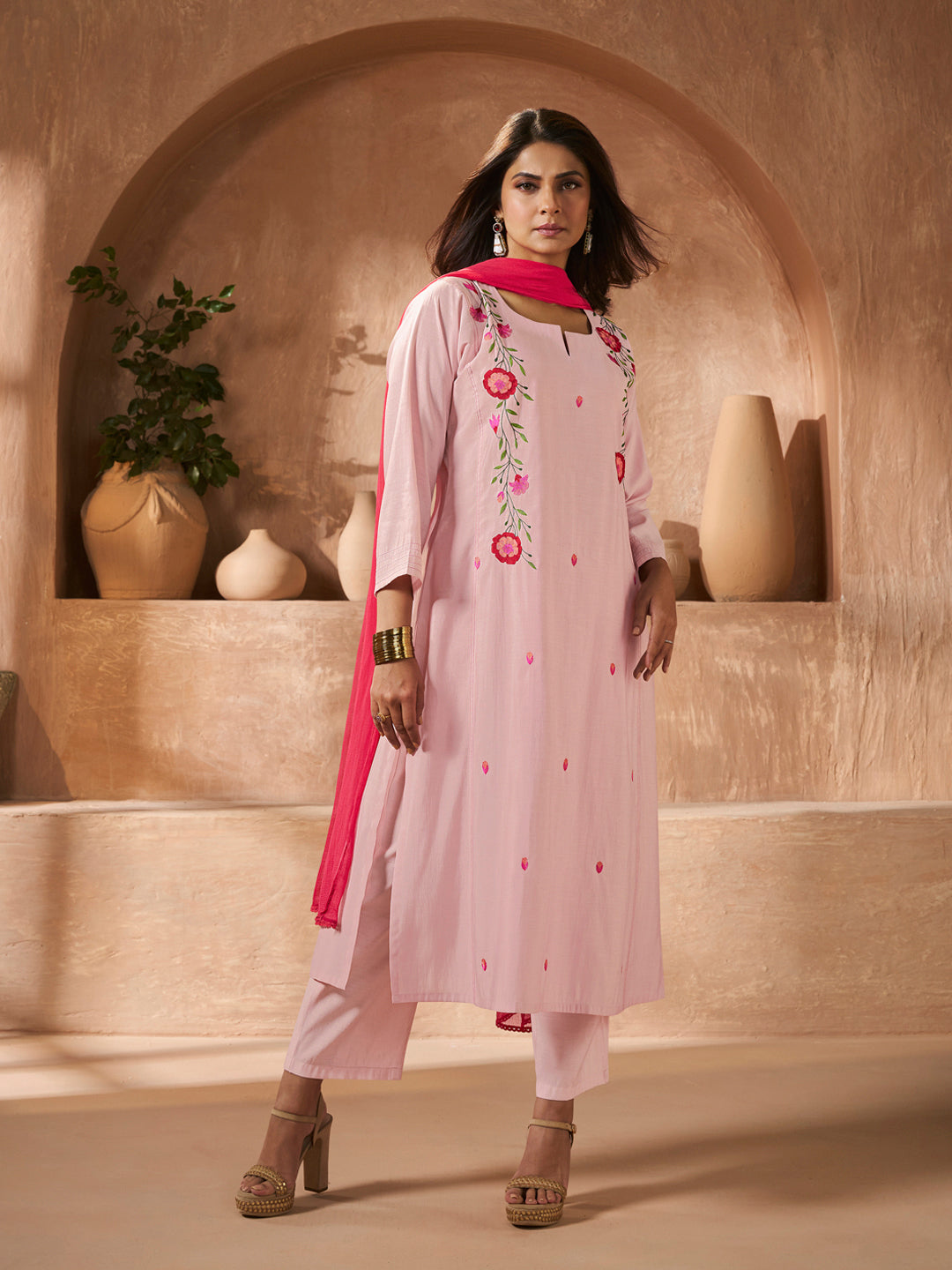 Peach Floral Embroidery Kurta Set with Dupatta