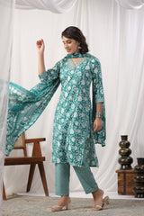 Women Teal  Floral Printed Embroidered Kurta Paired With Chevron Printed Bottom And Dupatta