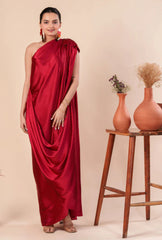 MUSH- Women Stylist Maroon Red One Shoulder Pleated And Drape Style Satin Gown