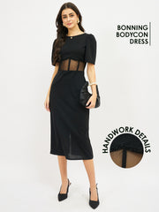 Puff Sleeve Scuba Bodycon Midi Dress