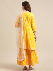 Kalini Women Mustard And White Bandhej Printed Flared Kurta Sharara Set With Net Embroidered Dupatta.