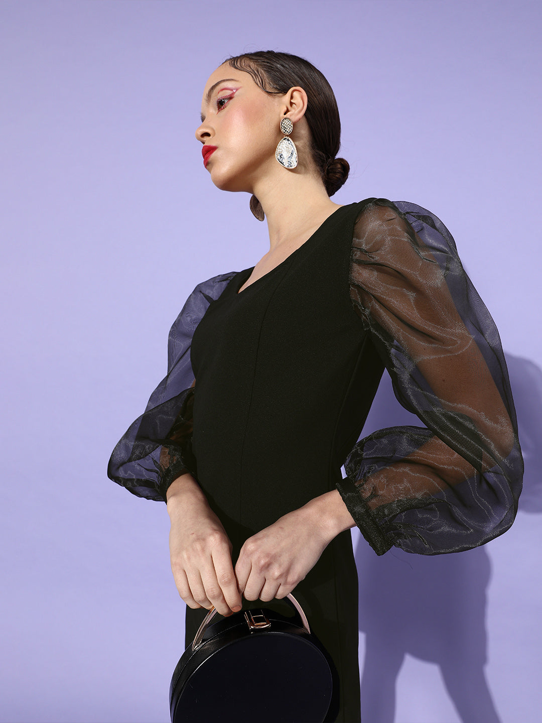 Women's Sheer Black Organza Sleeve Bodycon Dress