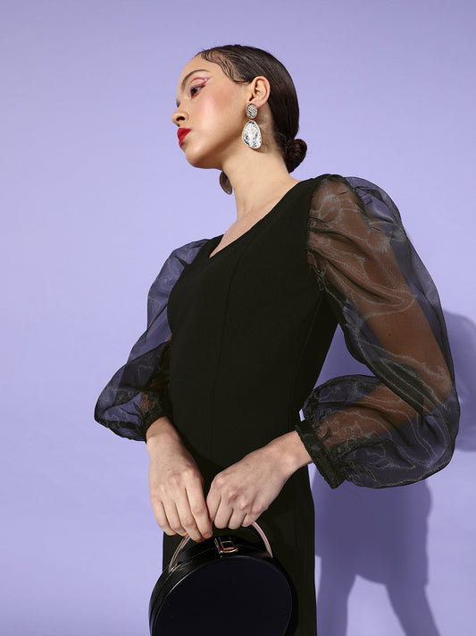 Women's Sheer Black Organza Sleeve Bodycon Dress