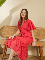 Women's Red Cotton Schiffli Maxi Dress