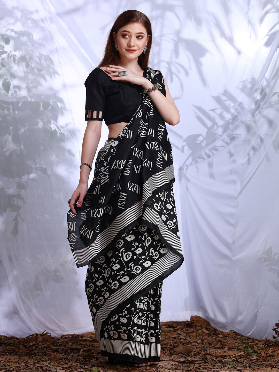 Women's Bhagalpuri Silk Black Printed DesignerSaree With Blouse Piece