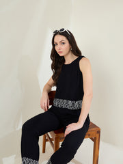 Women's Black Rayon Crepe Co-Ord Set with printed hemlines