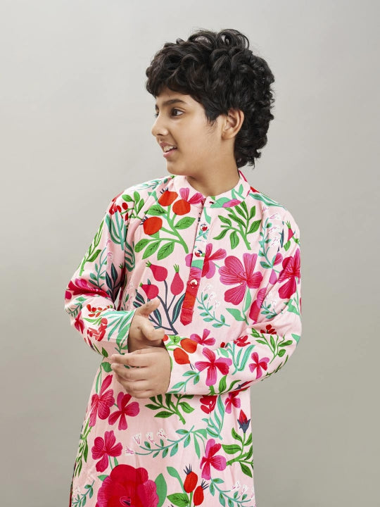 Boys Peach floral printed kurta with a off white pajama