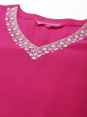 Women Pink Thread Embroidered V-Neck Straight Kurta With Bottom And Dupatta